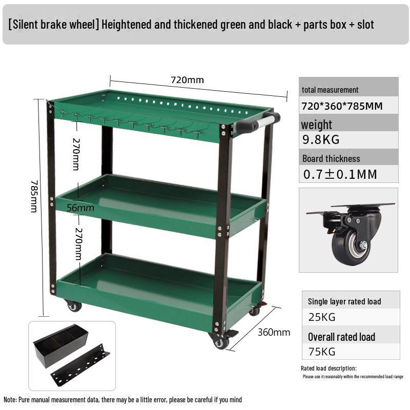 "Green Forest Utility Cart: Three-Layer Tool Trolley & Flatbed for Auto Repair & Beauty Supplies"