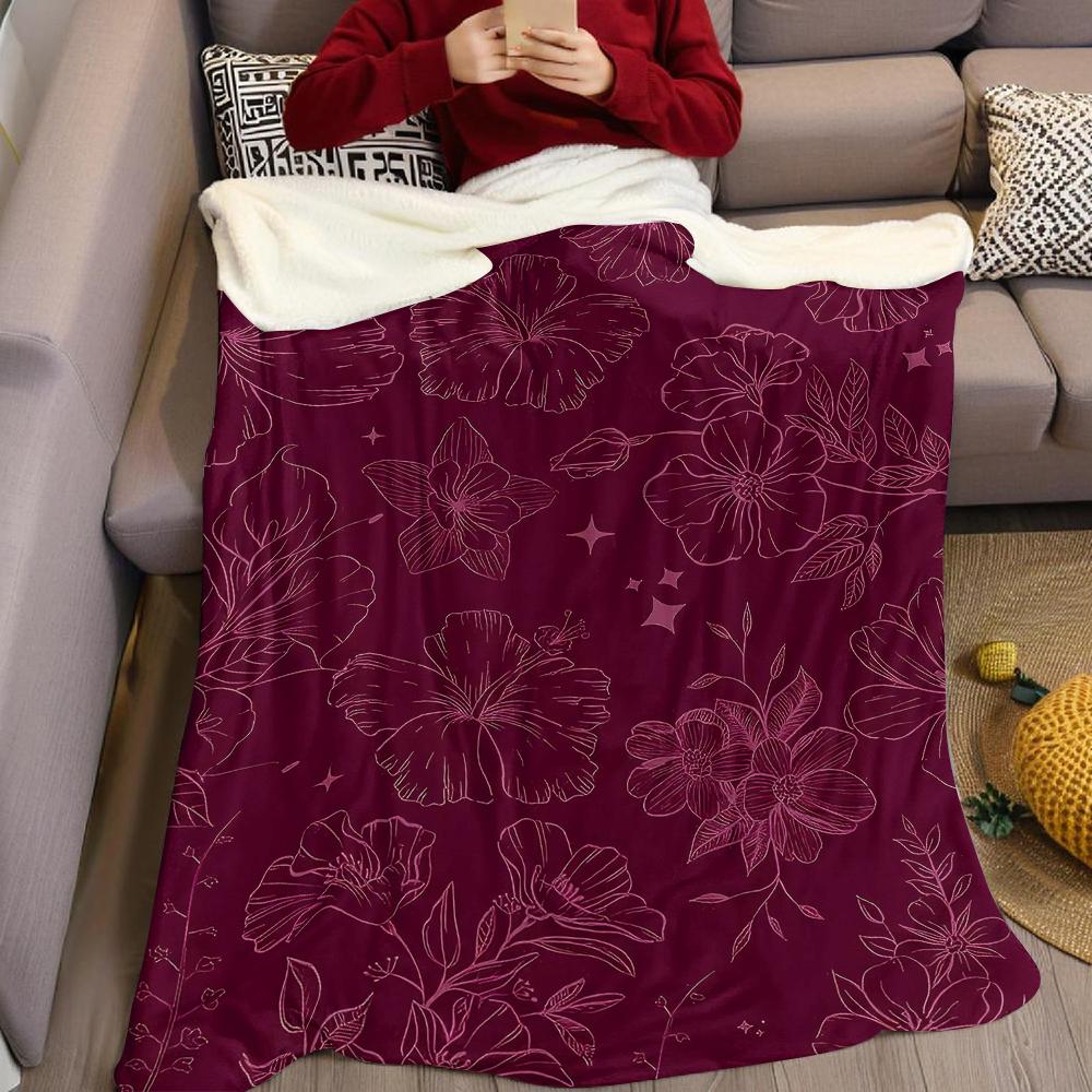 Couverture en Flanelle Étoiles Florales Bordeaux Chaude Douce Halloween Noël Canapé Chaleureux Confortable Décoratif Cadeau pour Toutes les Saisons