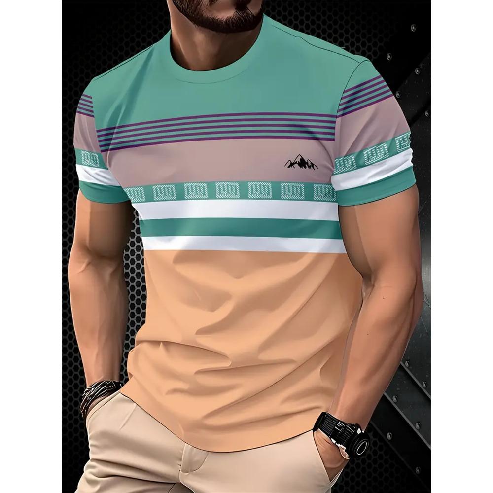 Men's T-shirt Fashion Simple Stripe Printed Short Sleeve T-shirt Oversized Top Summer Men's Daily Versatile Casual Wear