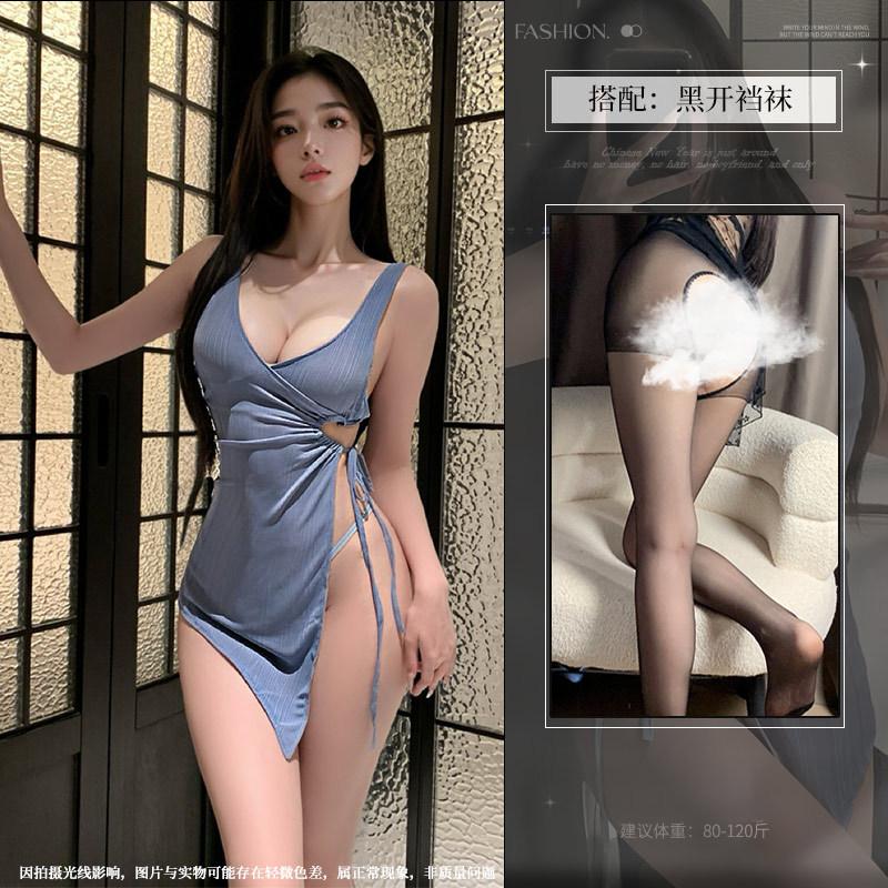 Sex underwear deep V French sexy, waist pumping pleated high split hip wrap thin lace-up strap pure desire suspender skirt
