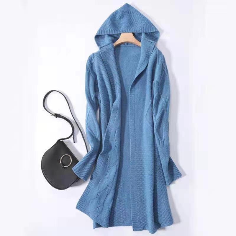Autumn Winter Loose Knitted Women Hooded Long Sweater Coats Casual Korean Fashion Solid Color Elegant Jacket Twist Thick Cardigan Sweaters Clothing