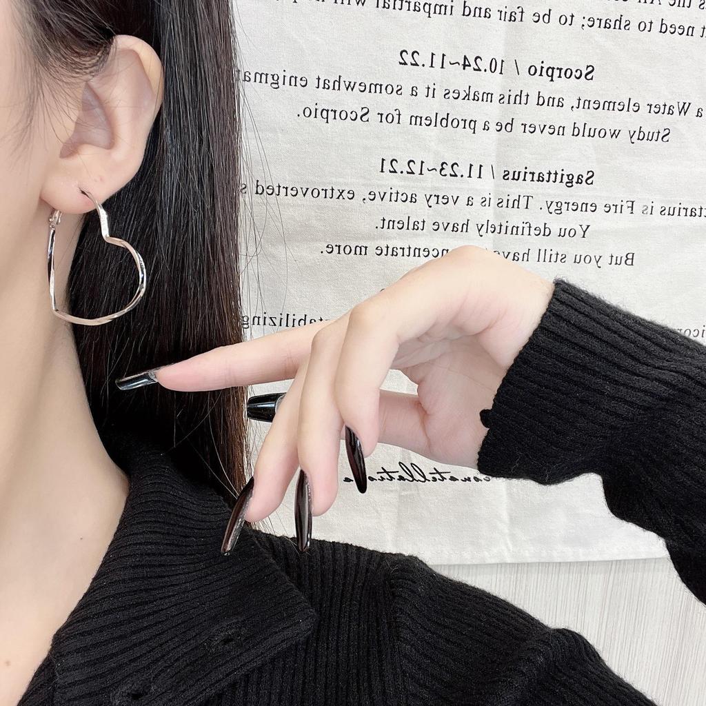 Large Geometric Heart Silver Earrings for Women - Elegant, Simple, European & American Style