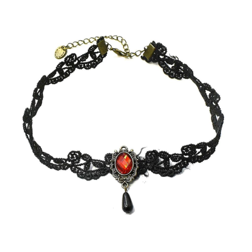 2026 Nuovo Collare Bib in Pizzo Nero Gotico Collana con Piccole Pietre Choker Halloween Vampiro (rosso)