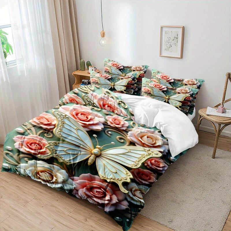 3Pcs 3D Butterfly Flower Duvet Cover Set 1 * Duvet Cover + 2 * Pillowcases No Insert Ultra-Soft Comfortable Butterfly Pattern
