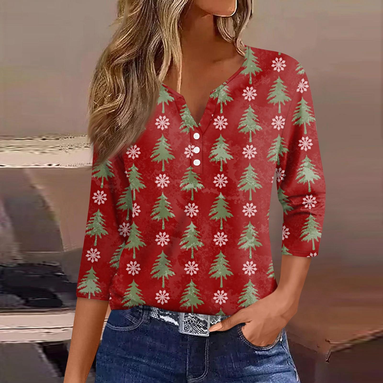 

Женская футболка с рождественским принтом, на пуговицах, рукав 3/4, повседневная мода на выходные, базовый топ с V-образным вырезом XXXL