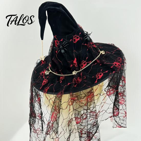 Indoor Outdoor Festive Decor Punk Skeleton Hand Witch Hat with Spider And Veil, Black Large Festival Atmosphere Props Wizard Costume Accessory
