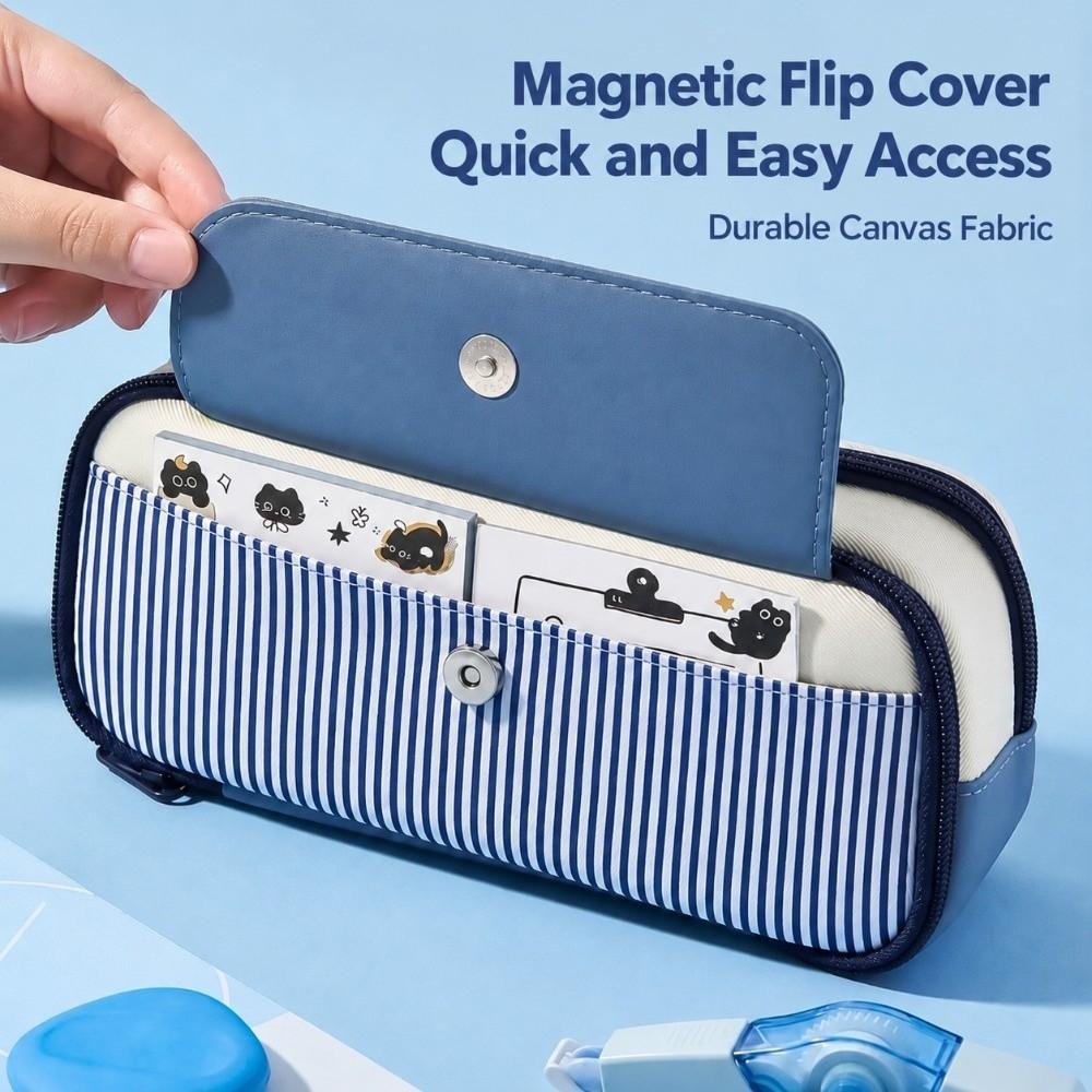 1Pc Color-Blocking Pencil Case Striped Print Stationery Pouch Durable Stationery Storage Bag Boys
