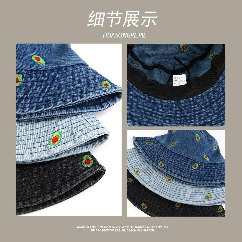 Denim Bucket Hat Female Versatile Simple Avocado Embroidered Bucket Hat Spring and Autumn Sunscreen Student Trend Basin Hat