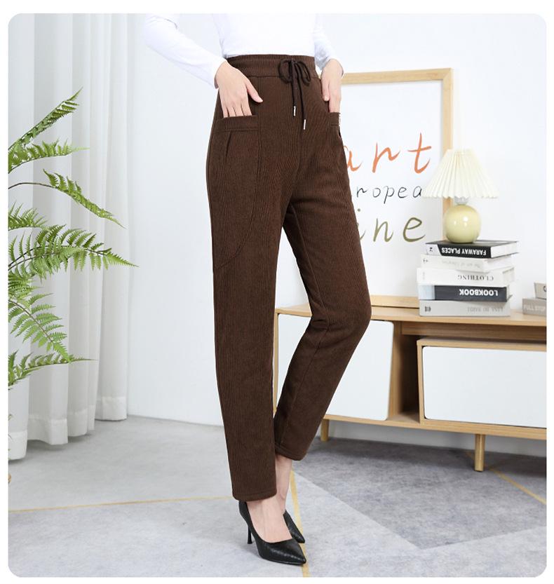 Mom's Winter Style High Waist Corduroy Cotton Pants for Middle-Aged and Elderly Women - Loose, Plus Velvet, Straight Leg