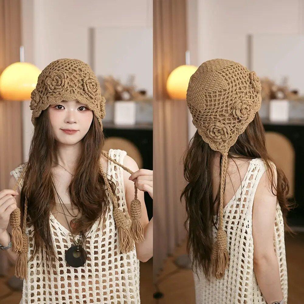 Herbst- und Winter-Doppellagen-Handhäkel-Strickmütze Böhmische Wollmütze mit Fransen Literarischer Mode-Trendhut