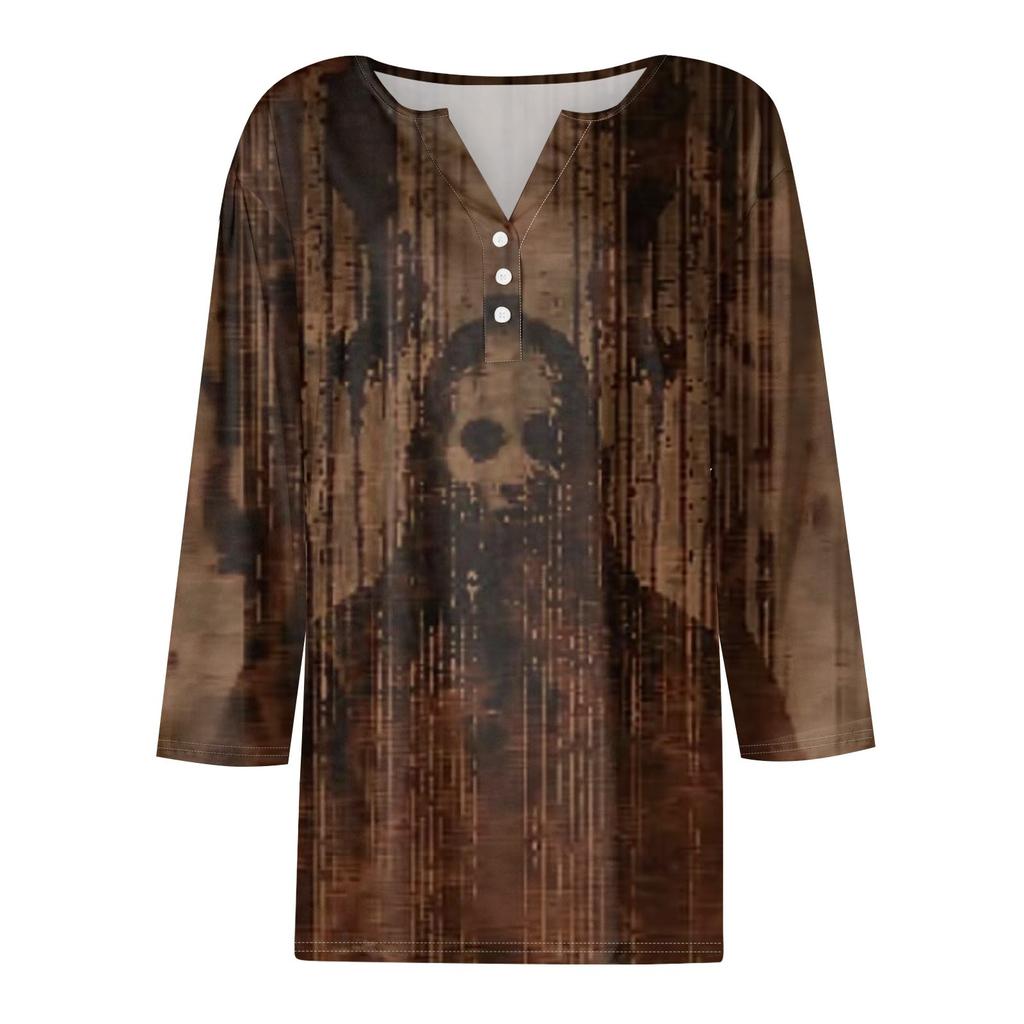 Damenmode Lässig Halloween Bedruckt V-Ausschnitt Kurzarm Dekorativer Knopf Dreiviertelarm T-Shirt Tor