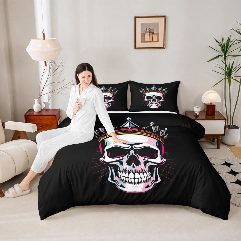 3 Piece Bedding Set Skull with Diamond Gem Crown Pink Black Tattoo Duvet Cover Set, Edgy Gothic Bedding for Teens Men Women Bedroom Decor