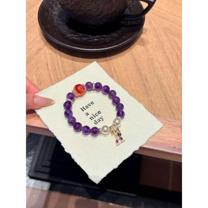 Natural Amethyst Red Rutilated Quartz Beaded Bracelet Women 10mm Single Circle Rare Gemstone Jewelry