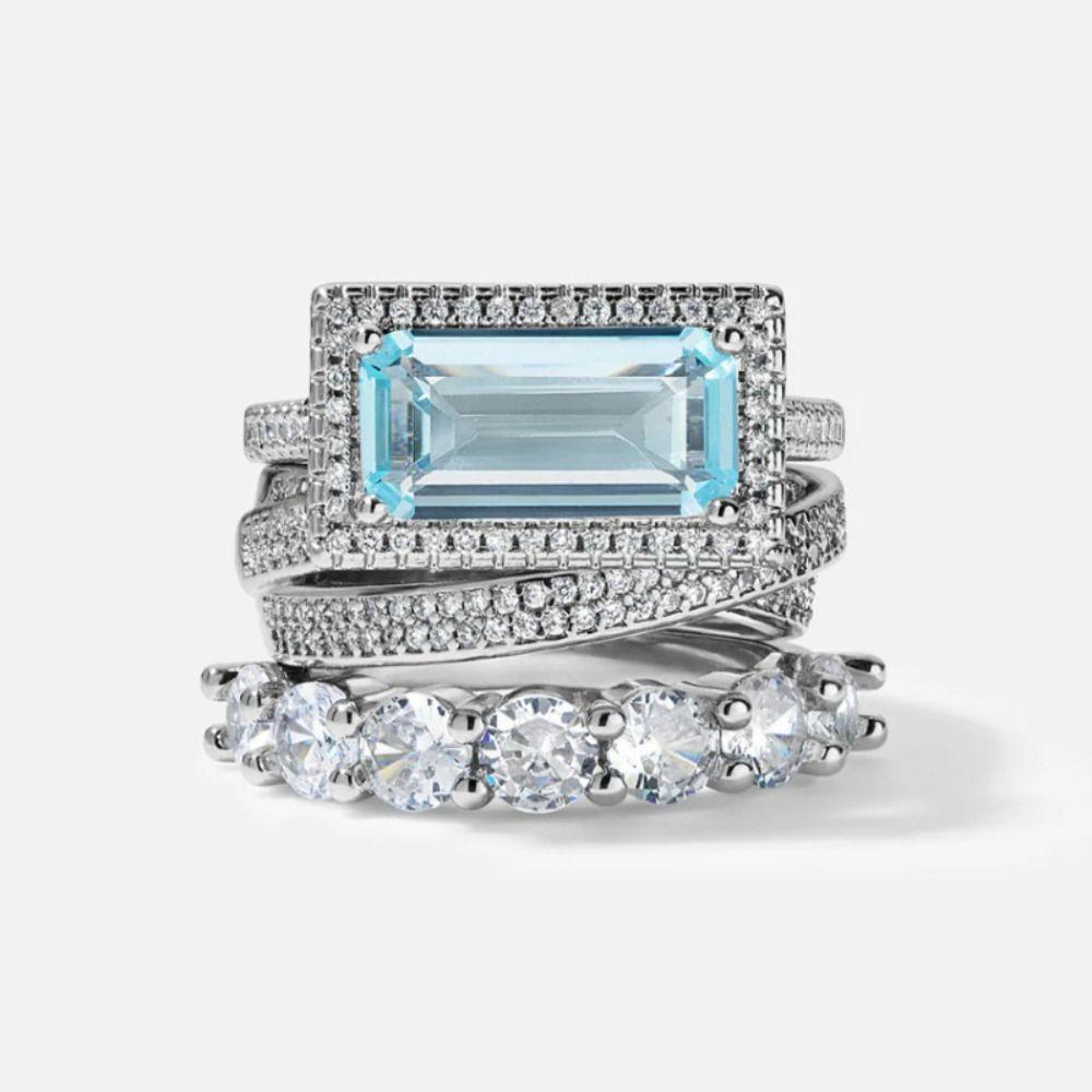 European Style Stackable Ring Set Large Rectangular Stone Jewelry Gift  Wedding Occasion
