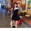 Korean retro fake two-piece off-the-shoulder plaid splicing, long-sleeved top, autumn design, Spice Girl slim suspender T-shirt