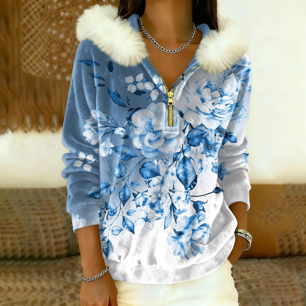 Lässiges und bequemes Damen-Freizeit-Top mit Kapuze, halbem Reißverschluss, langen Ärmeln und klassischem Aufdruck