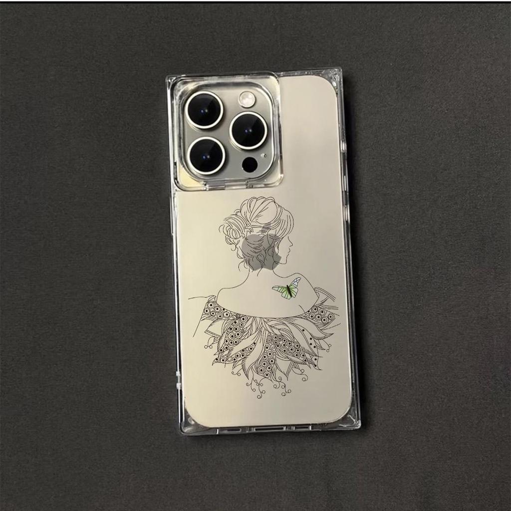 Funda Transparente Cuadrada Trasera con Tubo para Protección Para iPhone 15 Plus 11 14 Pro Max 16 ProMax 12 13 Anti-Oxígeno, Carcasa con Patrón de Vista Trasera de Chica