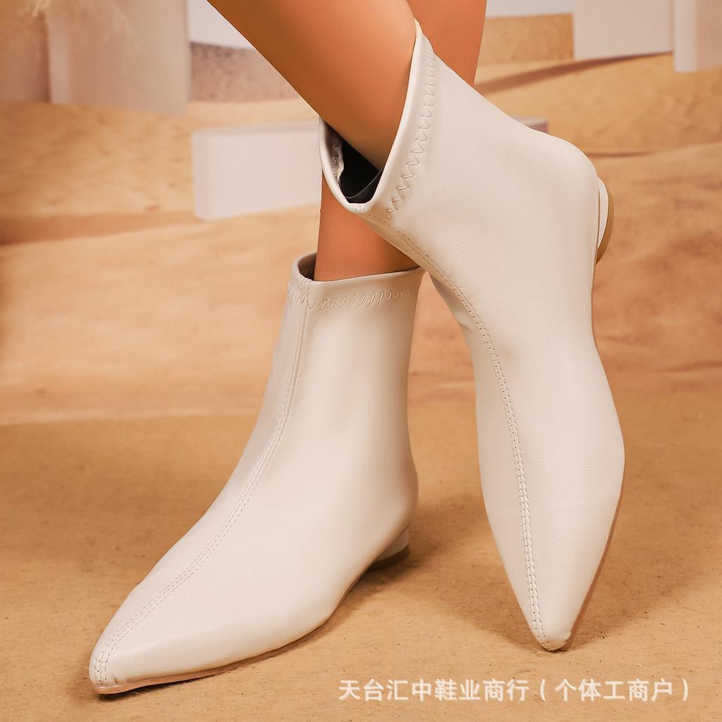 Large size French minimalist elastic thin boots female pointed temperament thin foreign low heel flat boots