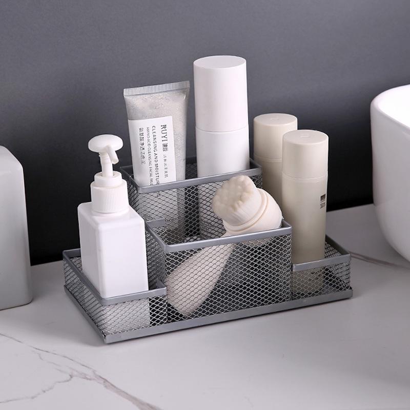 Wrought Iron Four-Compartment Desktop Stationery Organizer - Mesh Divided Pen Holder