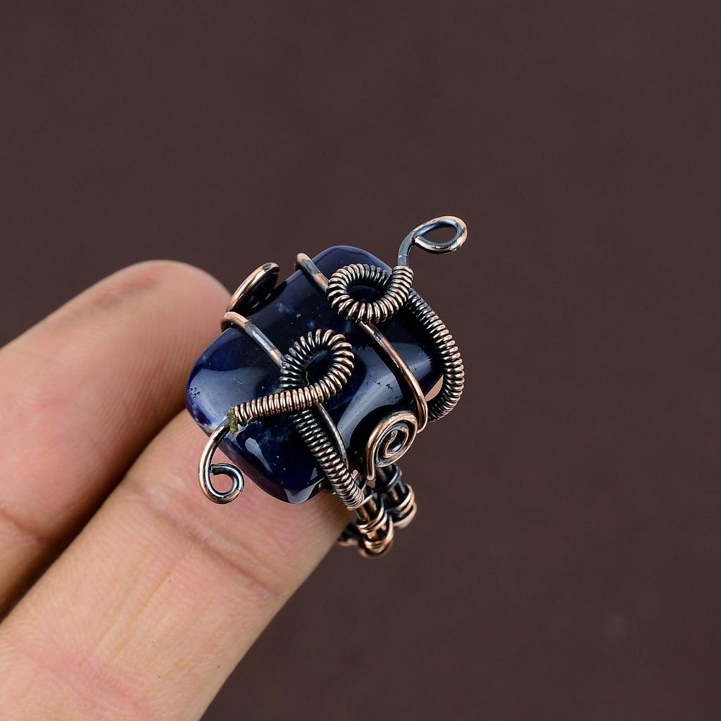 Natural Sodalite Gemstone Handmade Copper Wire Wrap Gift Ring Size 9 f0C13