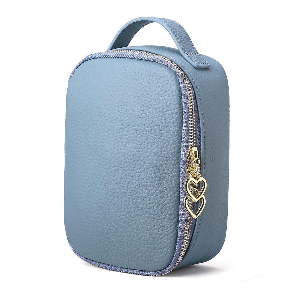 Women's Top Grain Leather Cosmetic Jewelry Organizer Compact Toiletry Bag Portable Makeup Pouch for Daily Travel Use