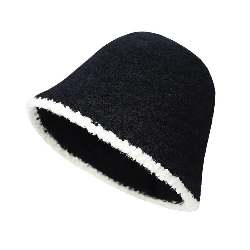 Black Plush Bucket Hat Women's New Autumn and Winter Small Fragrance Show Face Small Plain Knitted Bucket Confinement Hat