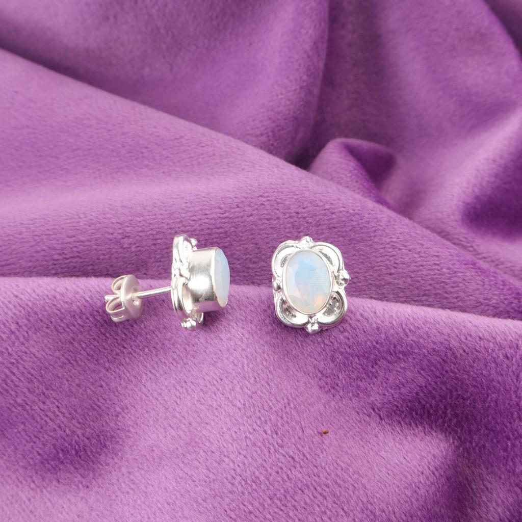 Milky Opal Stone Sterling Silver Daughter Gift Ethnic Stud Post Earrings Jewelry EE-149-7