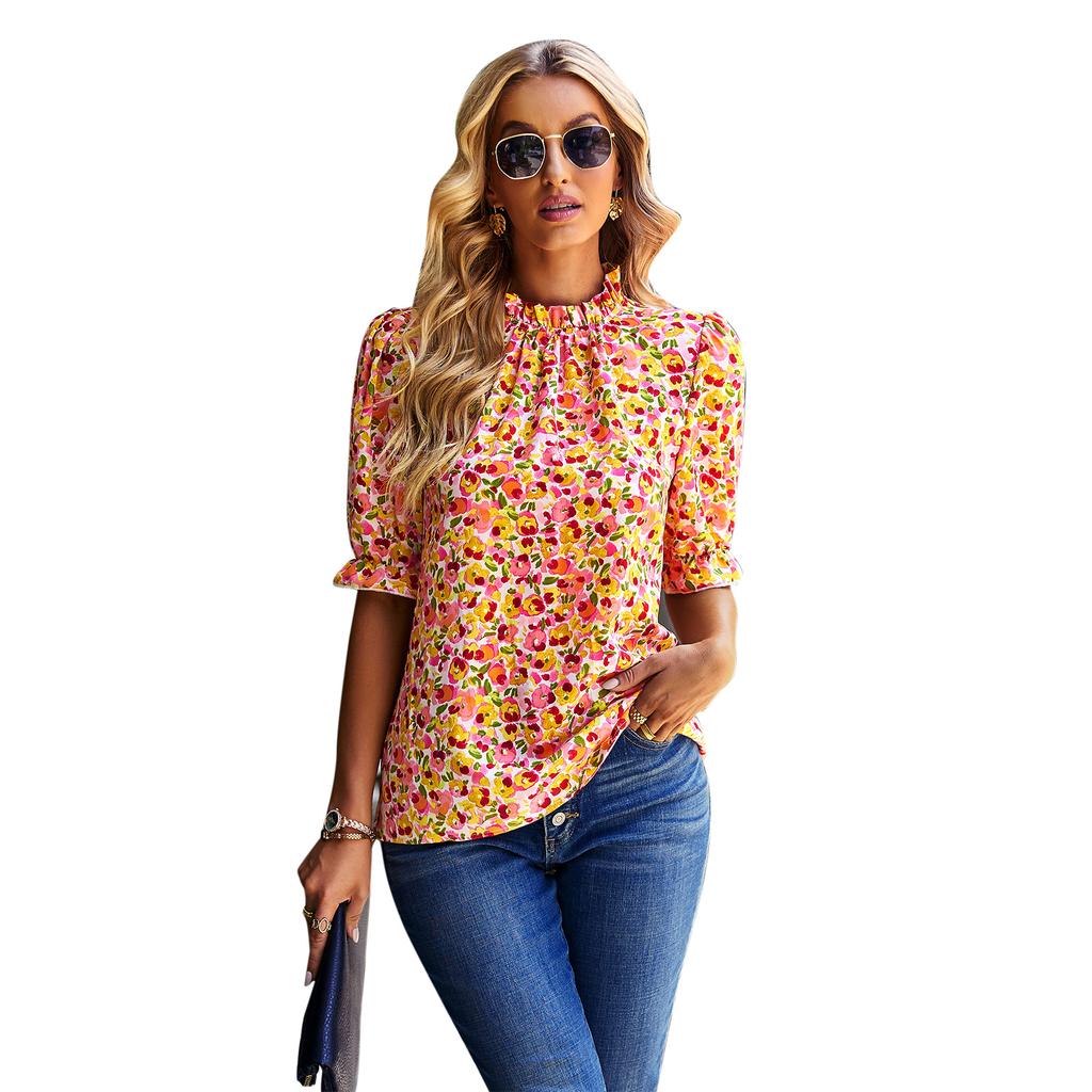 Women's Spring and Summer Vacation Floral Shirt Casual Short-sleeved Top