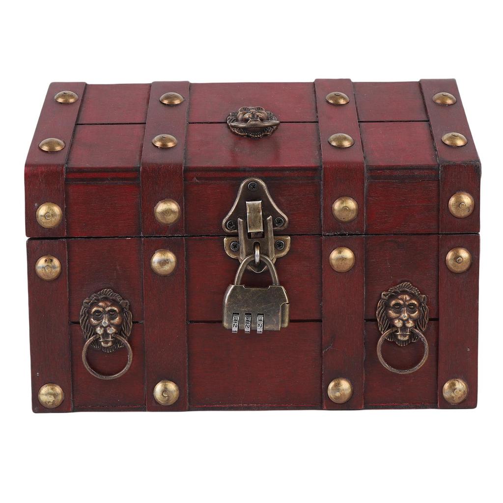Vintage Wooden Jewelry Storage Box Decorative Trinket Chest Organizer with Hinged Lid Password Lock
