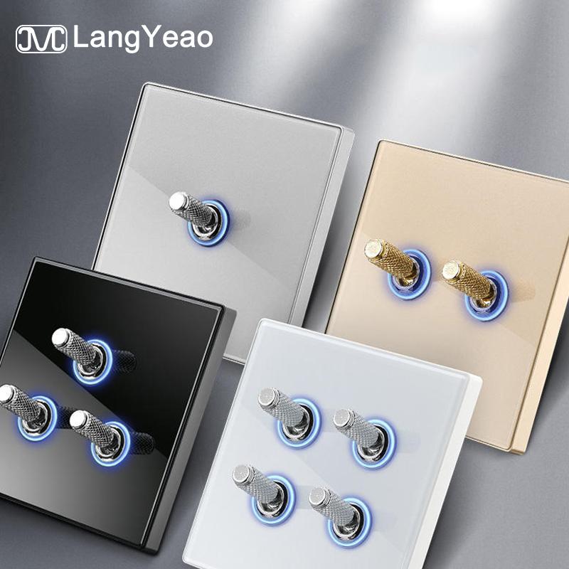 LangYeao Rahmenloser Schalter aus gehärtetem Glas, Kippschalter, 1/2/3/4-fach, 86x86mm, Blaue LED-Anzeige, Metallhebel, Wandplatte