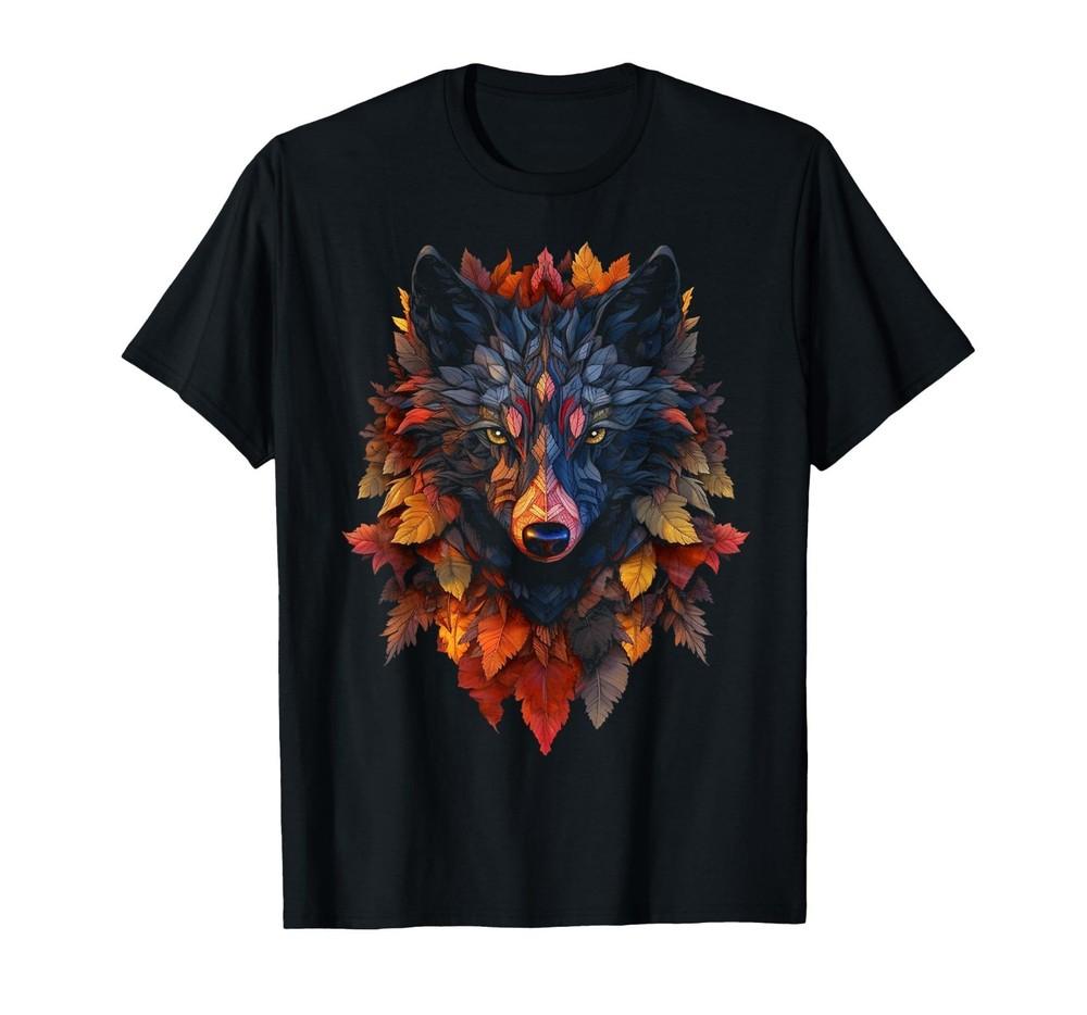 

Wolf Autumn Leaves Art Animal Motif Wolf T-Shirt XL