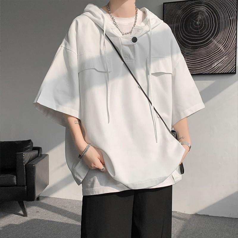 T-shirt con cappuccio estiva da uomo a maniche corte pullover streetwear t-shirt larga con coulisse abbigliamento da uomo moda