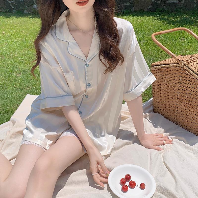 Premium Striped Ice Silk Cool Thin Pajamas Women'S Cardigan Short Sleeve Two-Piece Student Loungewear Summer