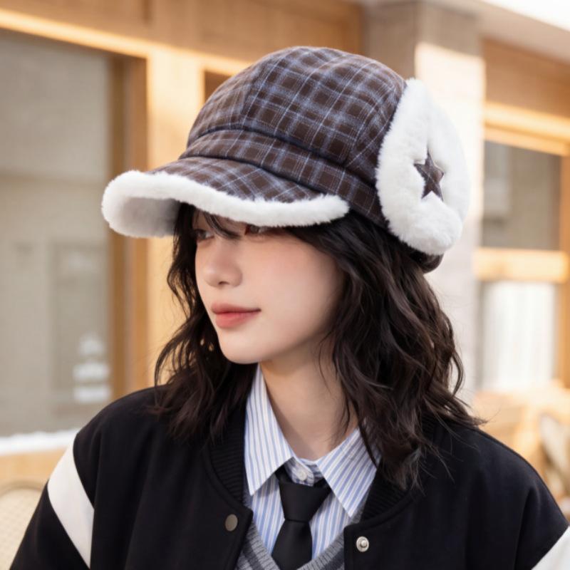 Winter Thick Earmuff Peaked Cap Korean Vintage Plush Warm Short Brim Cap