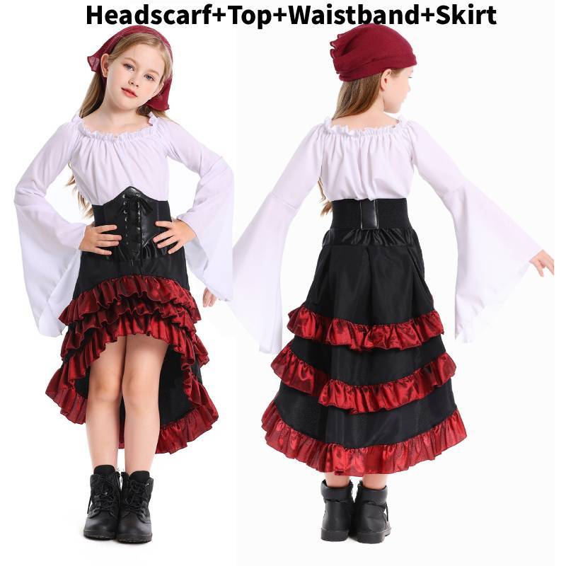 Středověký pirátský rodinný kostýmový set s volánovými dlouhými šaty pro Halloween Cosplay
