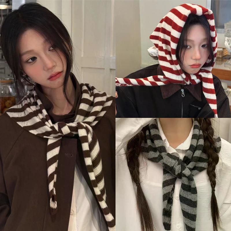Striped Triangle Scarf Women's Autumn And Winter Knitted Small Scarf Fashionable Warm Versatile Neck Protection Scarf Shawl