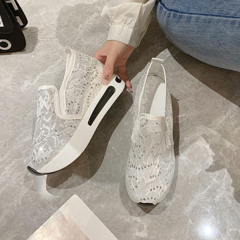 Fashion Summer High Platform Slip On Sequins Casual Woman Footwear Sale Y2k Fashion Designer Luxury Lace Mesh Breathable Shoes for Women