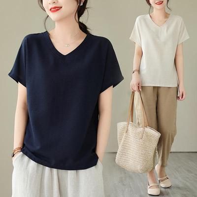 Women's Linen V-Neck Short-Sleeve Retro Top - Loose Casual Summer Style