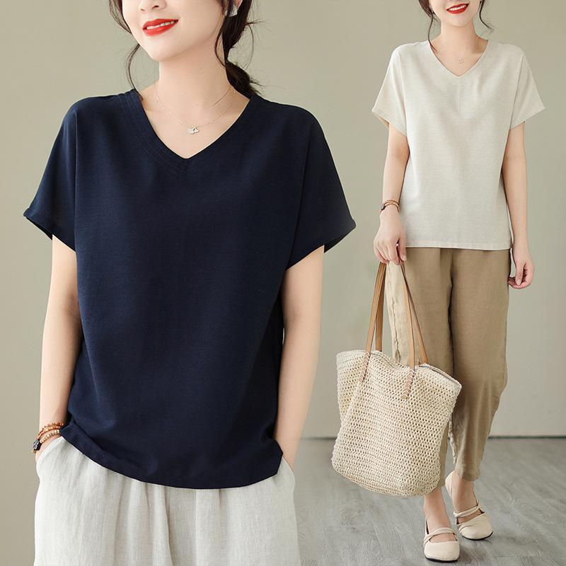 Women's Linen V-Neck Short-Sleeve Retro Top - Loose Casual Summer Style