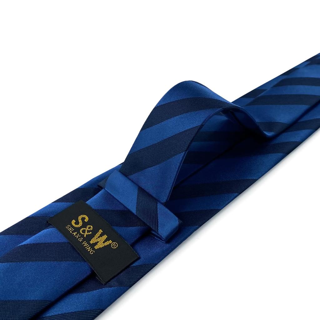 [S&W SHLAX&WING] Men's Tie Set, Striped, Pocket Square, Two-Tone, Navy Dark Royal Blue, Groom's Side, Slim Fit