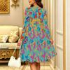 Women Long Sleeve Round Neck Midi Dress Abstract Ink Wash Floral Wave Print Flared Casual Dress