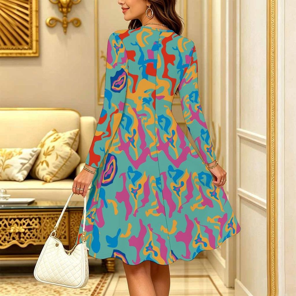 Women Long Sleeve Round Neck Midi Dress Abstract Ink Wash Floral Wave Print Flared Casual Dress