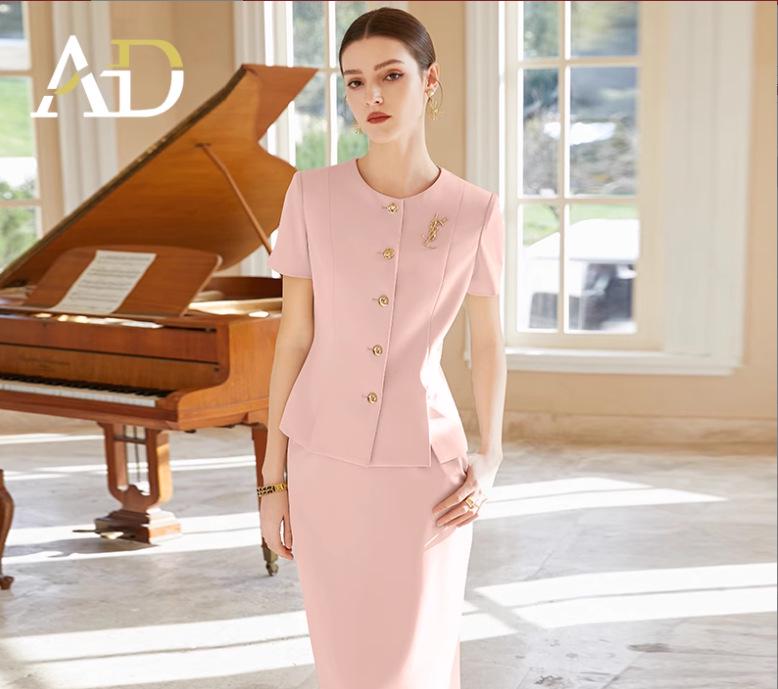 Beige Korean Style Summer Blazer Workwear Set with Short Sleeves