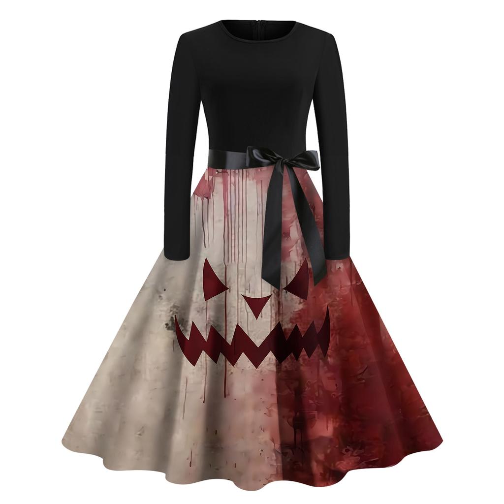 Halloween Women's Casual Fashion Round Neck Printed Vintage Dress