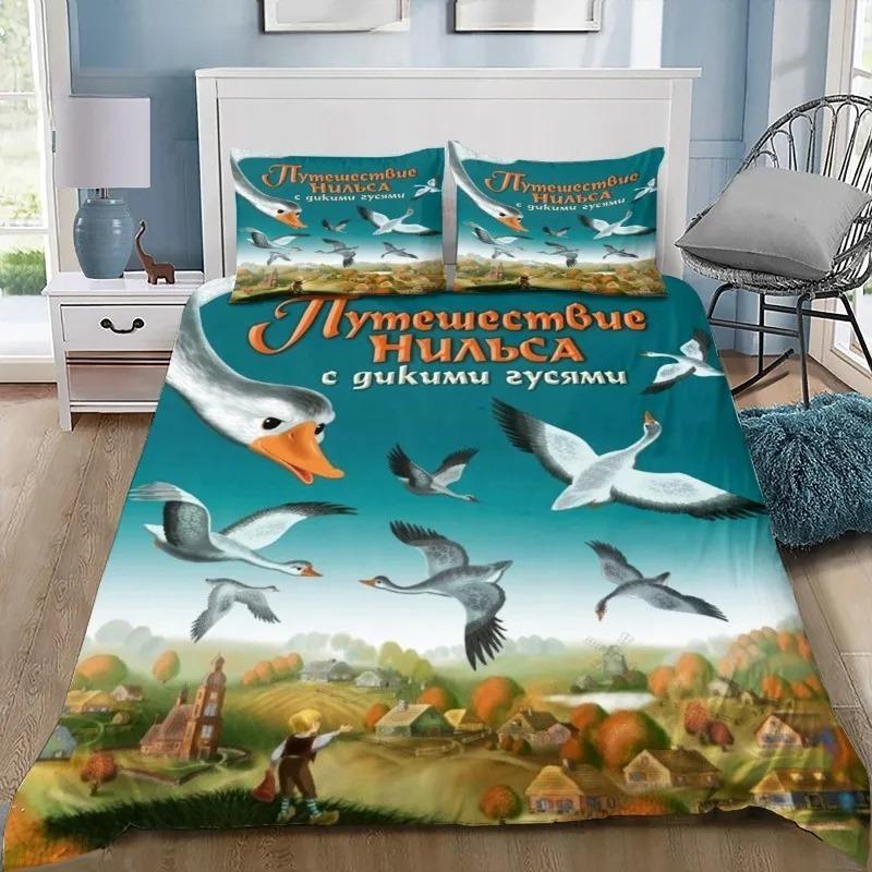 Housse de couette taie d'oreiller ensemble de literie imprimé Catoon Nils Holgersson Style maison Ensemble 2/3 pièces Simple/Double/Queen Grande taille Cadeau 100x135cm (2pcs)
