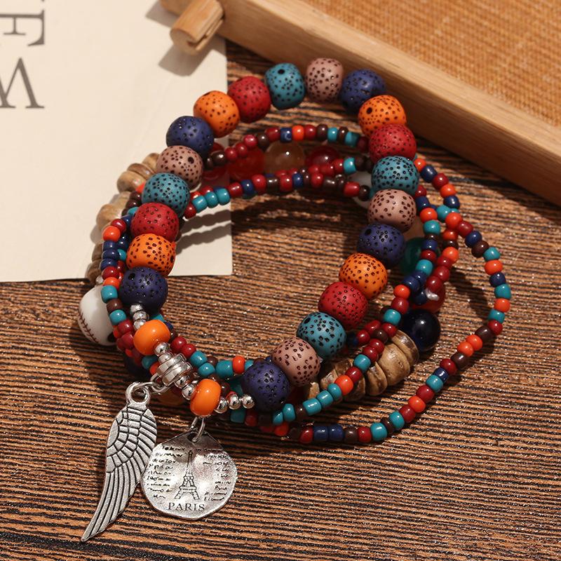 Bohemian Multi-Layer Rice Bead Bracelet Wings Personalized Versatile Bracelet Ethnic Style Travel Photo Bracelet Female Generation