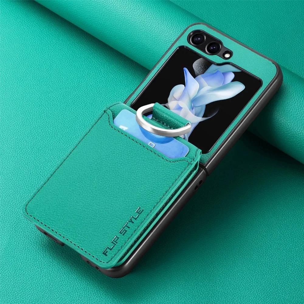 PU-Leder für Samsung Z Flip 6 5 4 3 2 Flip6 Flip5 Flip4 Flip3 Flip2 5G Litschi-Muster Hülle Ring Kartenhalter Brieftasche Handyhülle