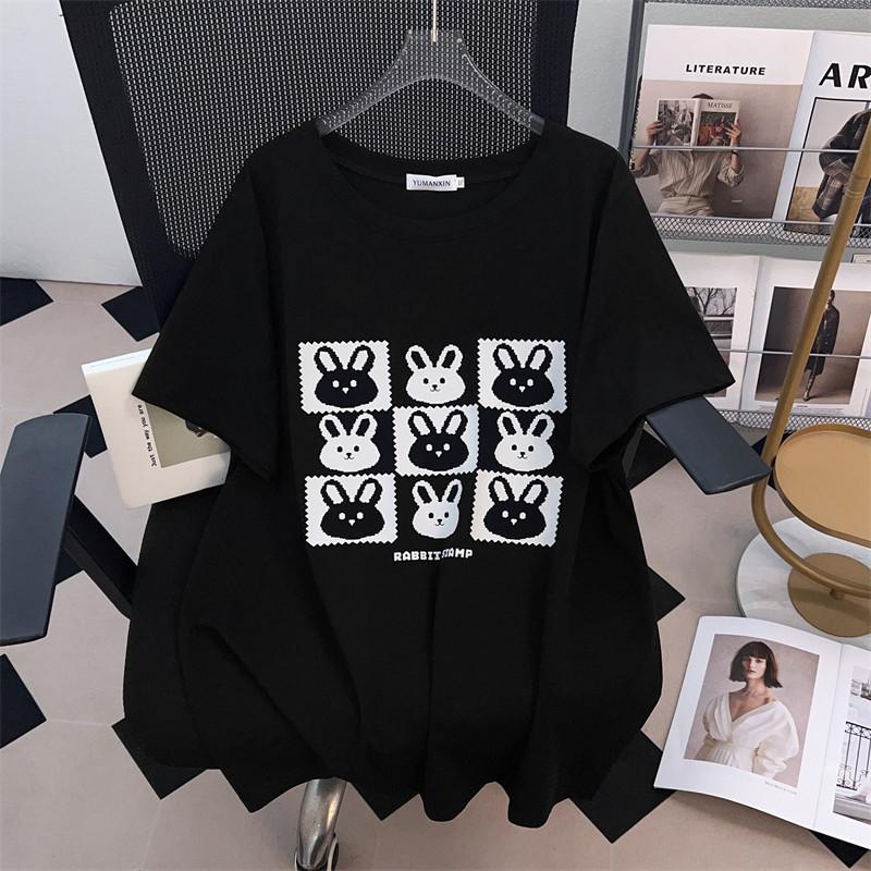 Women's Plus Size Loose Slimming Mid-Length Round Neck T-Shirt, Short-Sleeved, Fits Up to 350 Jin
