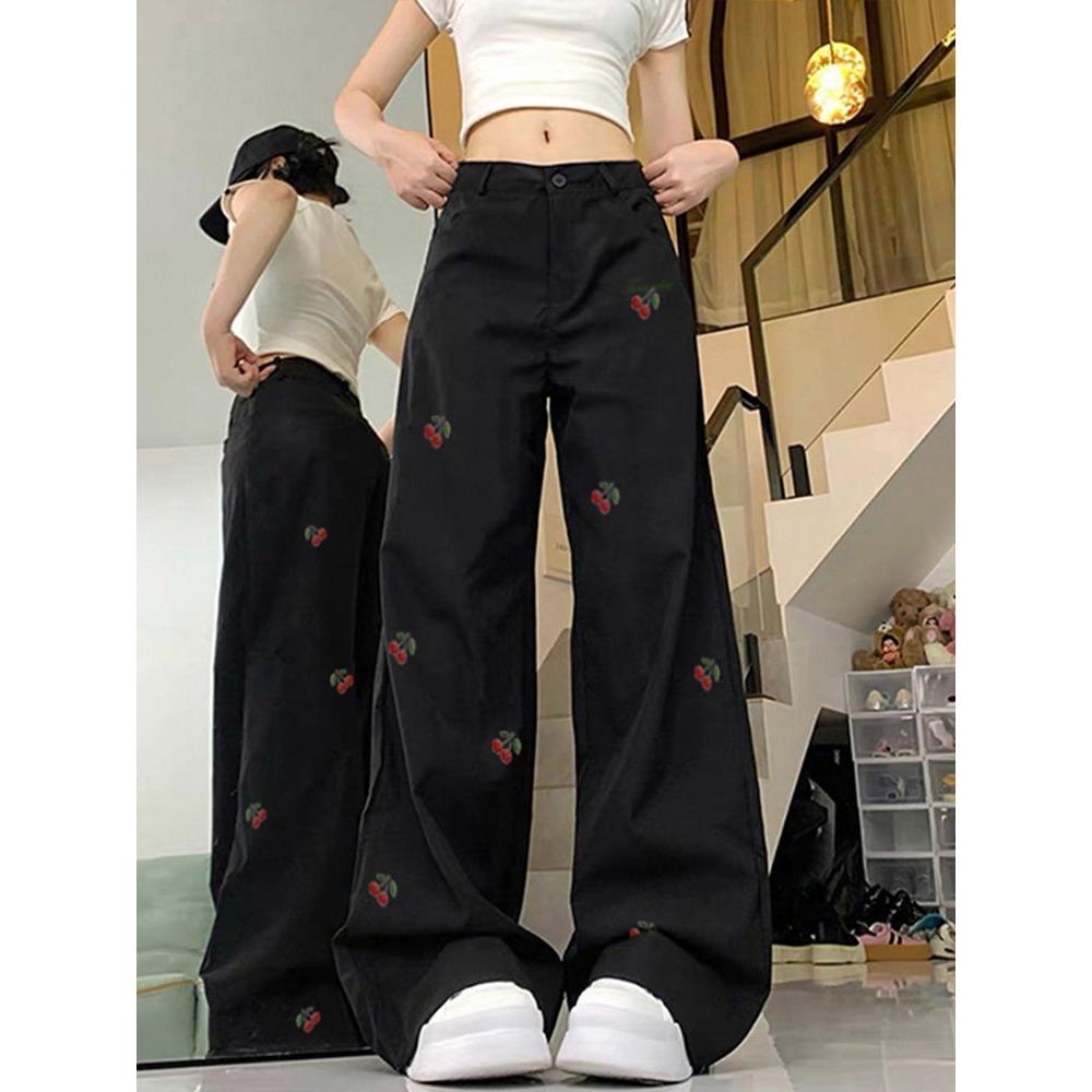 Embroidered Cherry Jeans Women - Trendy Versatile High-Waist Slimming Loose Fit Straight-Leg Casual Long Pants