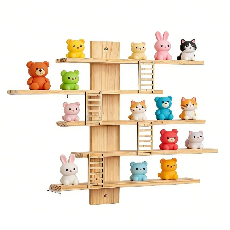 Wooden Wall Mounted Organizer For Dolls And Action Figures Natural Finish Home Decoration Display Rack